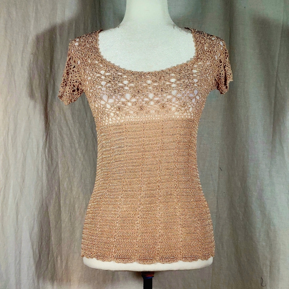 Majora beige crochet cap-sleeved top, M, EUC - Picture 2 of 6